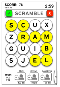 A wireframe of the Scramble Live board. I designed the layout and interactivity of the gameplay.